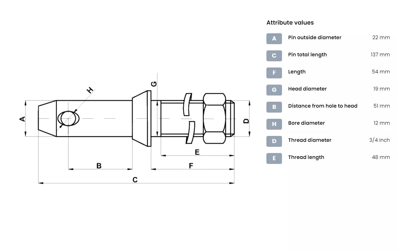 Tractor Lower Link Pin 22x137mm Thread 3/4" x 48mm Cat 1 Implement Mounting Pin - Outdoor Spares